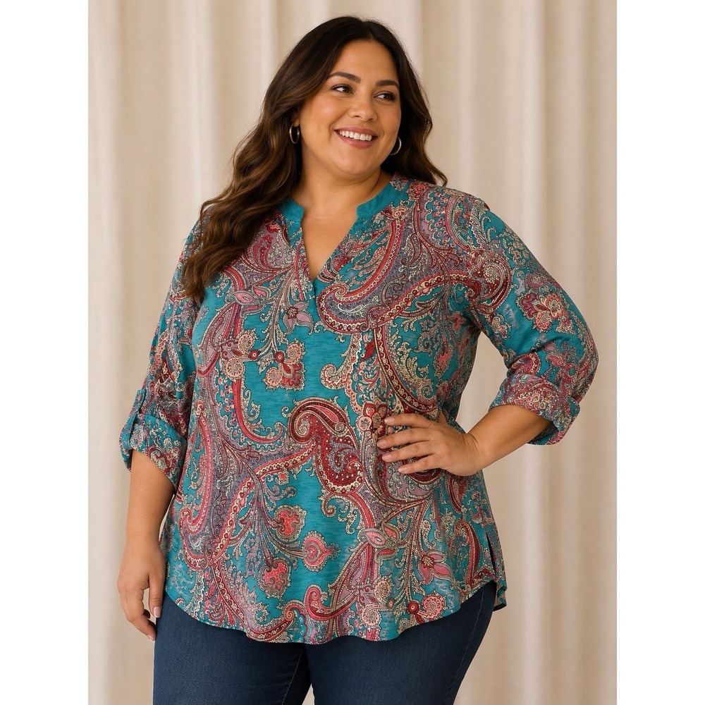 Dear Scarlett Plus Size Women's Top Blouse XL Will Fit 1X Blue Teal Paisley NWT